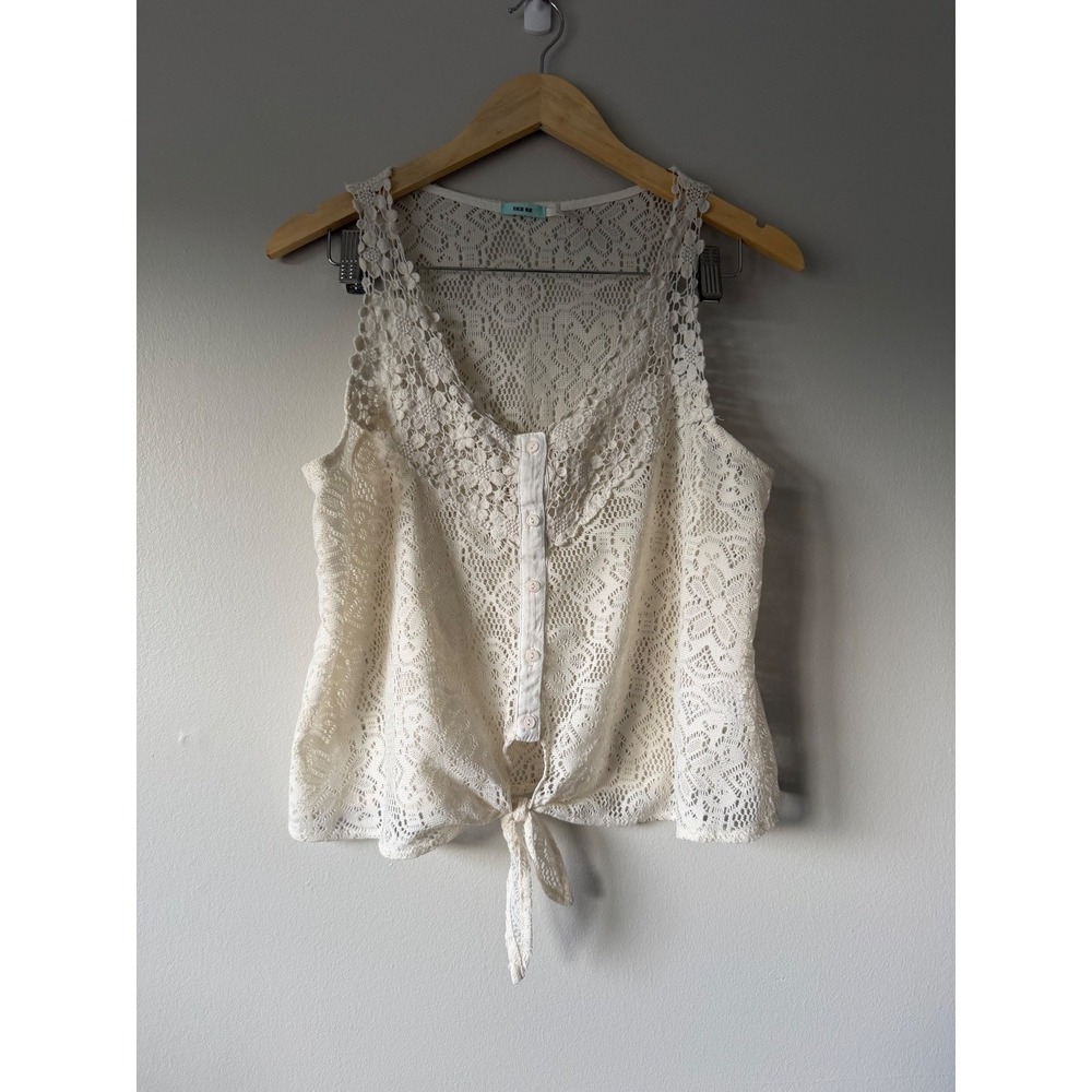 Kimchi Blue Tank Top Large Cream Floral Lace Crochet Button Front Tie Hem